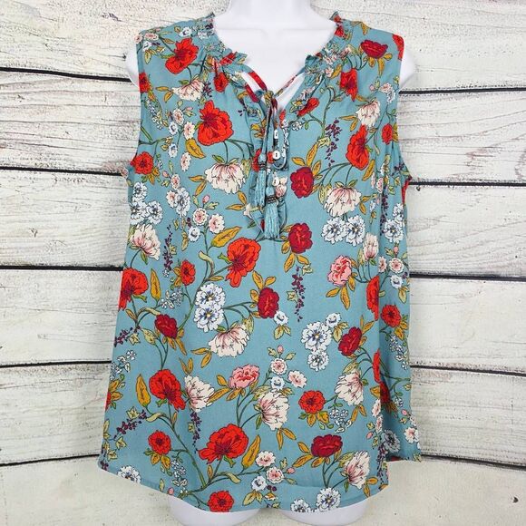 Pale Sky Blue Floral Sleeveless Tassel Blouse Medium - Picture 1 of 8